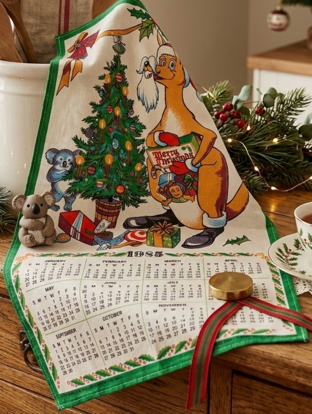 Vintage 1985 Australian Christmas Calendar Wall Hanging – Kangaroo & Koala – Hol